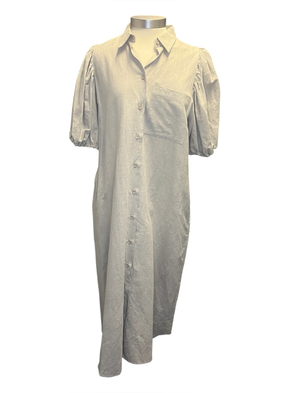 AVN Puff Sleeve Linen Maxi Shirt Dress